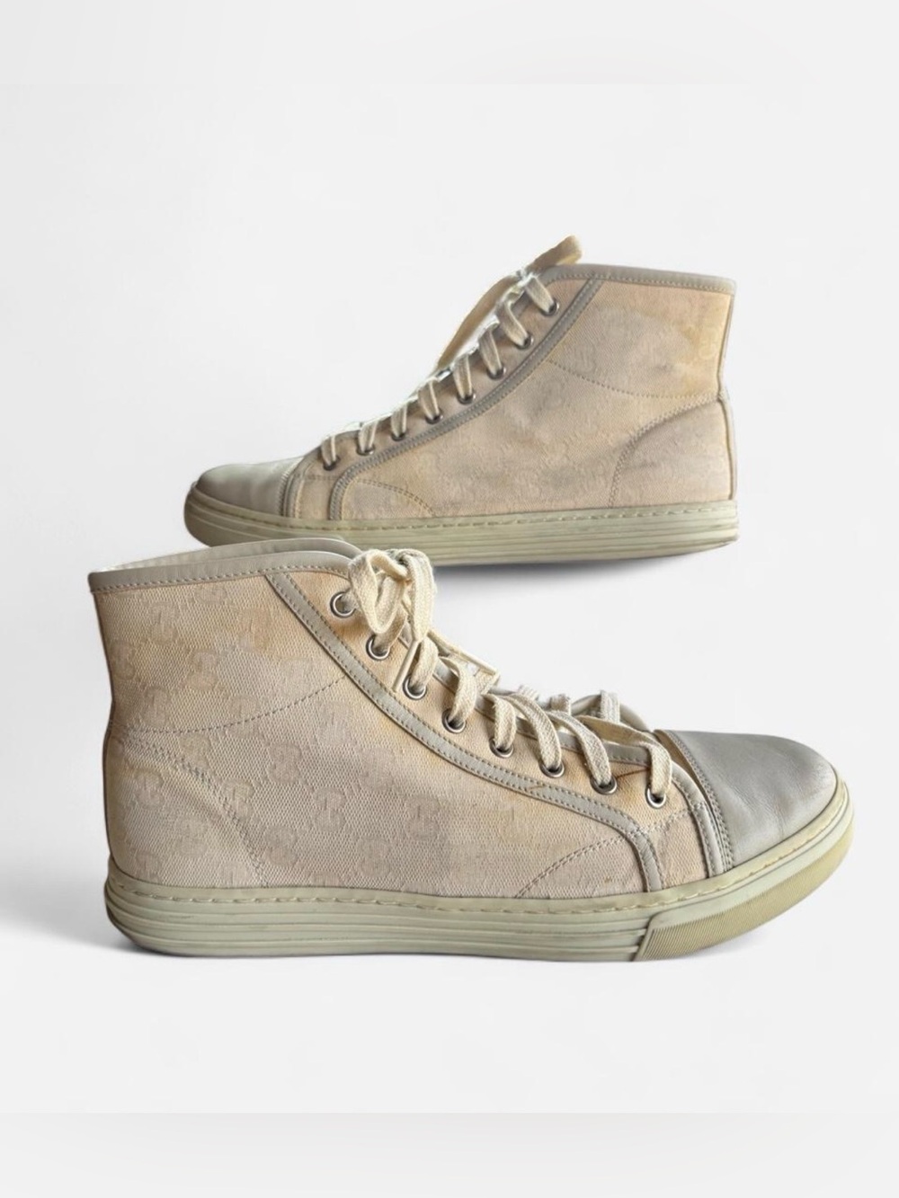 Gucci GG Pattern High-Top Sneakers Beige Leather Size 8 Mens